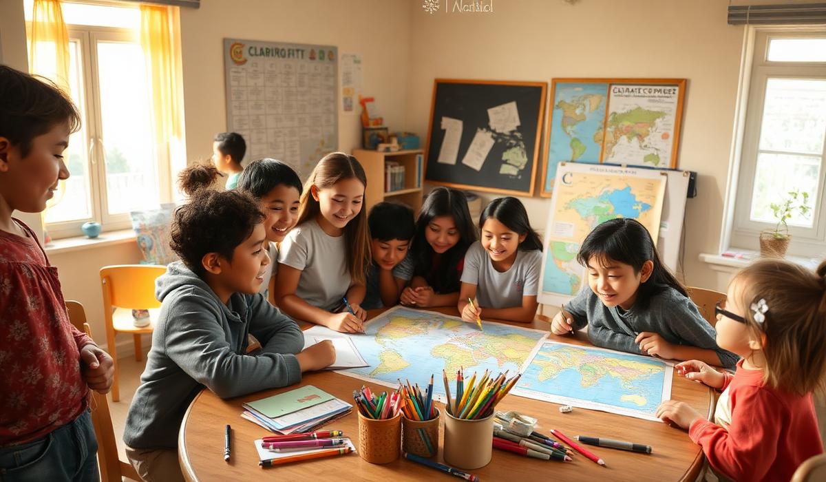 Diverse students working together on a climate project in a classroom